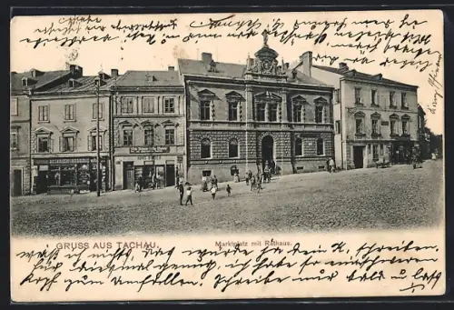 AK Tachau, Marktplatz mit Rathaus