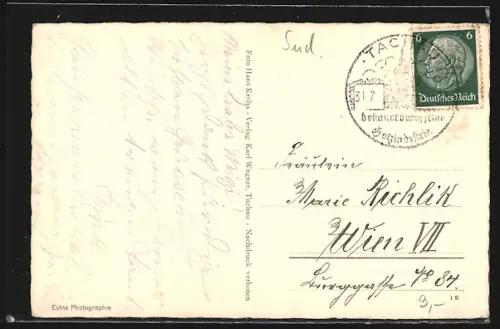 AK Tachau, Ansicht vom Marktplatz mit Sparkasse und Pelzhaus