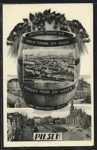 AK Pilsen, Brauhaus, Ortsansicht mit Kirche