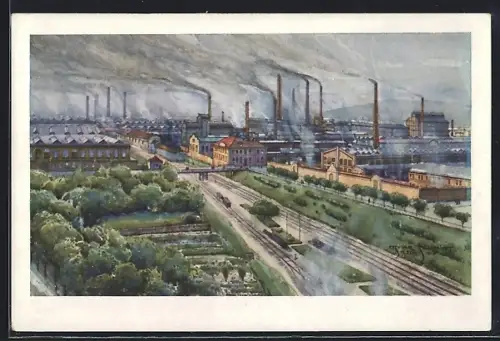 Künstler-AK Plzen, Skoda Werke, Skodovy zavody