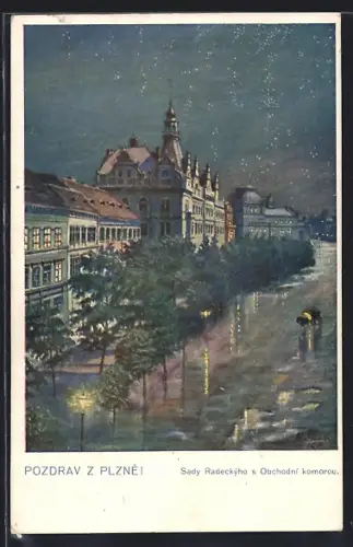 Künstler-AK Plzen, Sady Tadechyho s Obchodni komorou