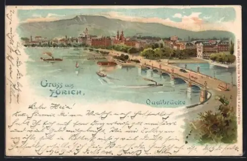 Lithographie Zürich, Gesamtansicht mit Quaibrücke