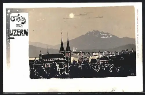 AK Luzern, Ortsansicht gegen die Berge bei Mondschein