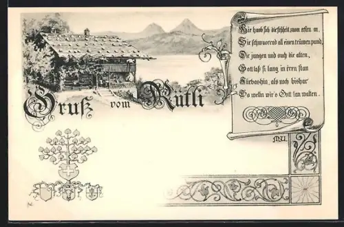AK Rütli, Gasthof auf dem Rütli, Wappen der drei Urkantone