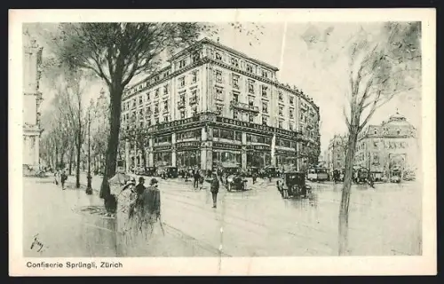 Künstler-AK Zürich, Strassenleben an der Confiserie Sprüngli