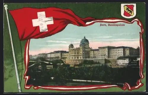 AK Bern, Blick auf das Bundespalais, Schweizer Fahne, Wappen von Bern