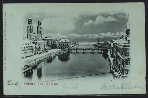 AK Zürich, Teilansicht im Winter mit Limmat-Fluss