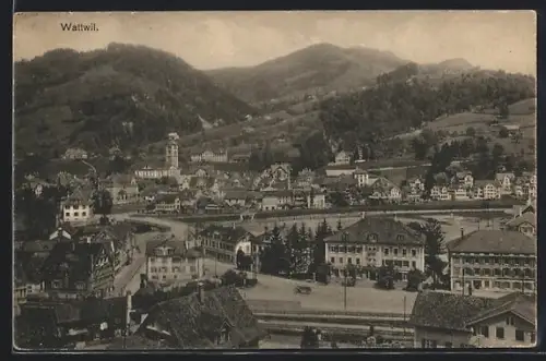 AK Wattwil, Ortsansicht gegen die Berge