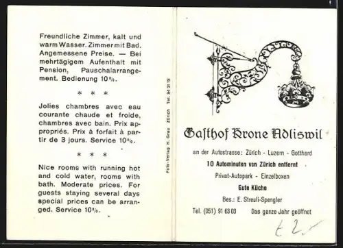 AK Adliswil, Gasthof Krone, Bes. E. Streuli-Spengler, Aussen- u. Innenansichten