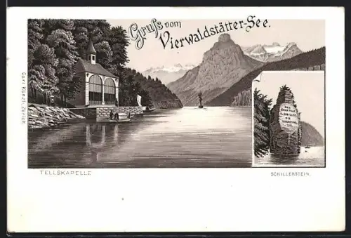 Lithographie Tellskapelle, Vierwaldstätter See, Schillerstein