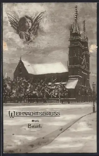 AK Basel, Kirche im Schnee, Engel und Weihnachtsgruss