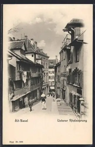 AK Basel, Unterer Rheinsprung, Strassenpartie mit Geschäften