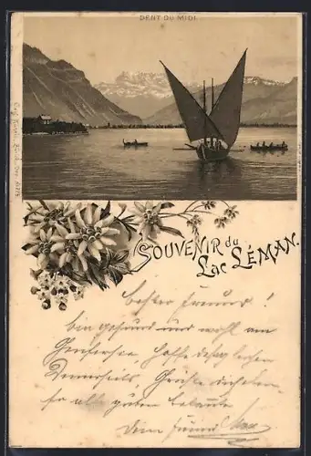 Lithographie Lac Leman, Dent du Midi, Segelschiff