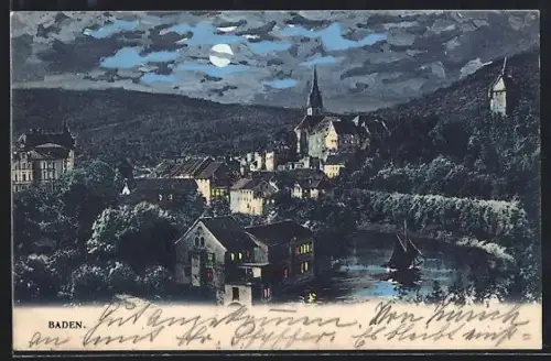 AK Baden, Teilansicht mit Flusspartie im Mondschein