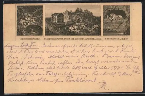 Lithographie Luzern, Gletschergarten und Löwen-Monument
