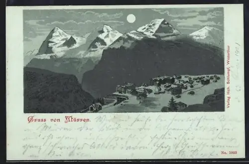 Mondschein-Lithographie Mürren, Ortsansicht mit Bergpanorama