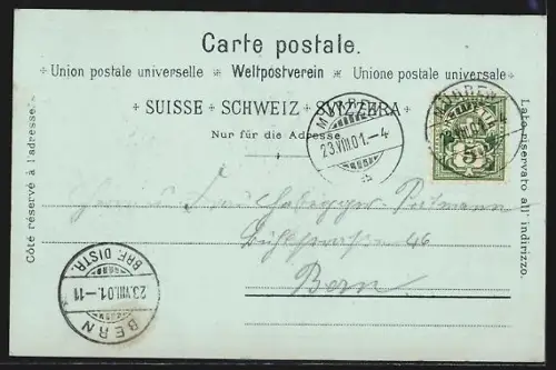 Mondschein-Lithographie Mürren, Ortsansicht mit Bergpanorama