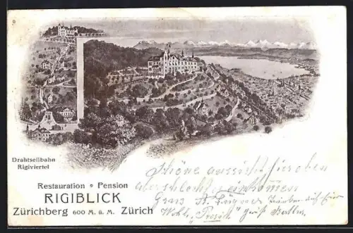 AK Zürich, Restauration und Pension Rigiblick auf dem Zürichberg, Drahtseilbahn Rigiviertel