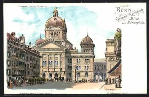 Lithographie Bern, Parlamentsgebäude, Blick vom Bärenplatz