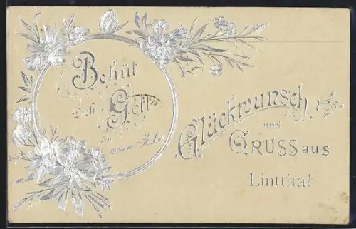Präge-AK Linthal, Blumenmotiv mit Edelweiss, Behüt dich Gott im neuen Jahr