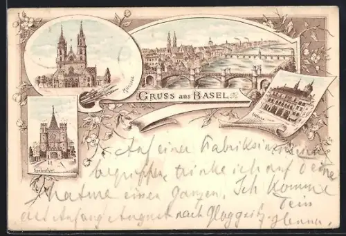 Lithographie Basel, Spalenthor, Münster, Rathaus, Ortspartie