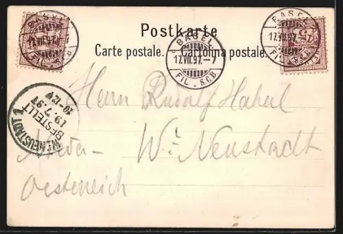 Lithographie Basel, Spalenthor, Münster, Rathaus, Ortspartie