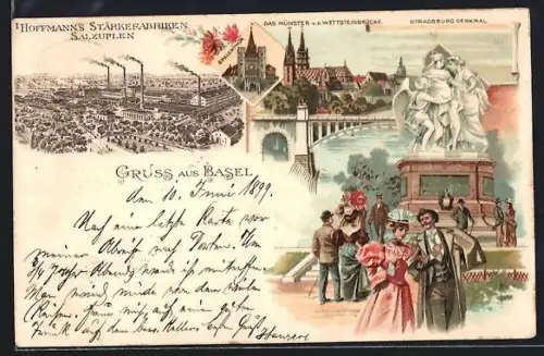 Lithographie Basel, Hoffmann`s Stärkefabriken Salzuflen, Münster v. d. Wettsteinbrücke, Strassburg Denkmal