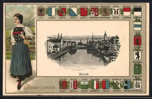 Künstler-AK Zürich, Flusspartie im Ort, Wappen, Dame in Tracht