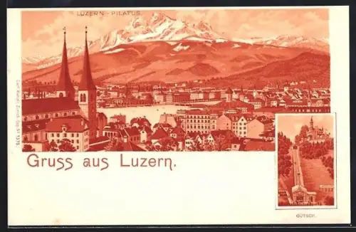 Lithographie Luzern, Ortsansicht mit Pilatus, Gütsch
