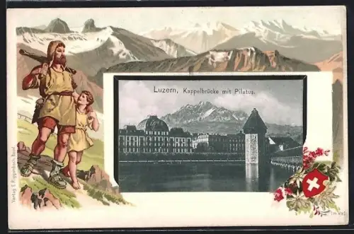 AK Luzern, Kappelbrücke mit Pilatius