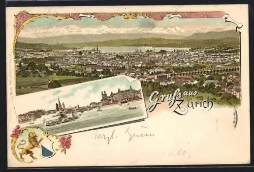 Lithographie Zürich, Ortspartie mit Dampfer