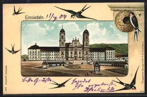 Lithographie Einsiedeln, Kloster und Schwalben