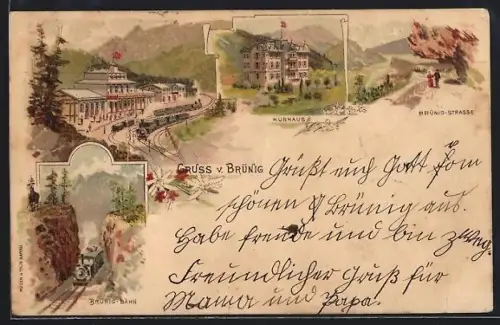 Lithographie Brünig, Bahnhof, Brünig-Bahn, Kurhaus u. Brünig-Strasse