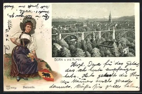 AK Bern, Viadukt gegen die Alpen, Frau in Berner Tracht mit Wappen