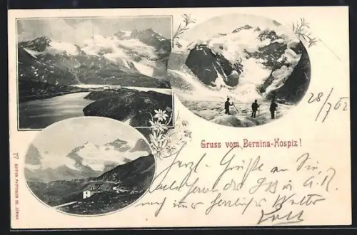 AK Bernina-Hospiz, Männer im Schnee, Bergpanorama