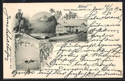AK Flüela-Hospiz, Hotel, Schwarzhorn, Wanderer