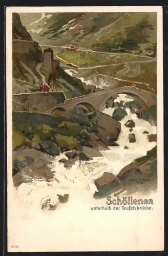 Lithographie Schöllenen, Partie unterhalb der Teufelsbrücke