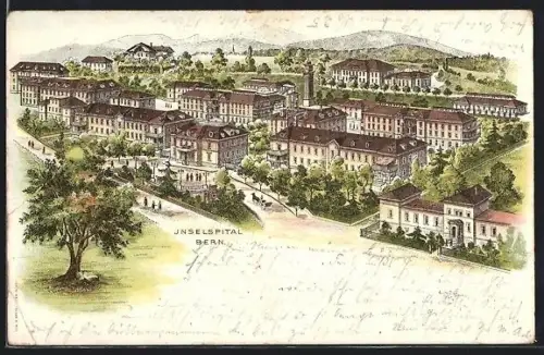 Lithographie Bern, Inselspital aus der Vogelschau