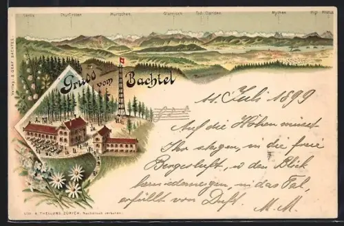 AK Hinweil, Gasthof Bachtel mit Bergpanorama