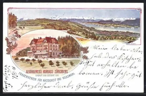 AK Zürich, Alkoholfreies Kurhaus Zürichberg, Alpenpanorama mit Wasser