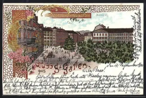 AK St. Gallen, Marktplatz mit Strassenbahn und leuchtenden Fenstern