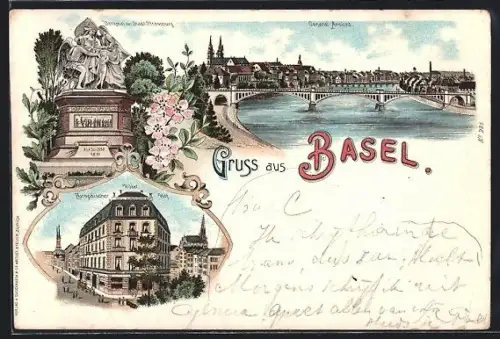 Lithographie Basel, Gesamtansicht, Hotel Europäischer Hof, Denkmal d. Stadt Strassburg
