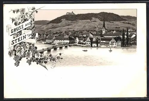Lithographie Stein a. Rh., Rheinpartie mit Blick auf den Ort