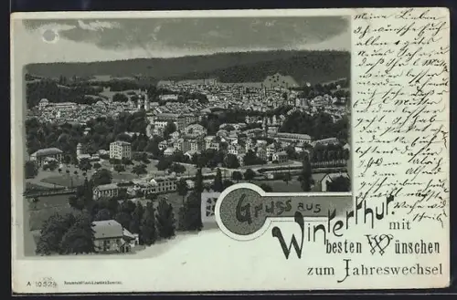 Mondschein-Lithographie Winterthur, Ortsansicht im Vollmondlicht