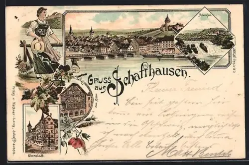 Lithographie Schaffhausen, Oberstadt, Rheinfall, Flusspartie mit Brücke