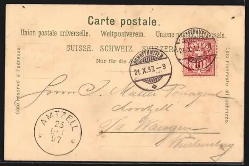 Lithographie Schaffhausen, Oberstadt, Rheinfall, Flusspartie mit Brücke