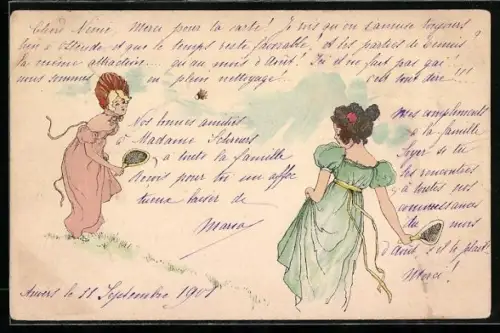 AK Zwei junge Frauen in Kleidern bei Federballspiel, Jugendstil