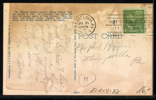 AK Atlantic City, NJ, A view of the Masonic Temple, Freimaurer