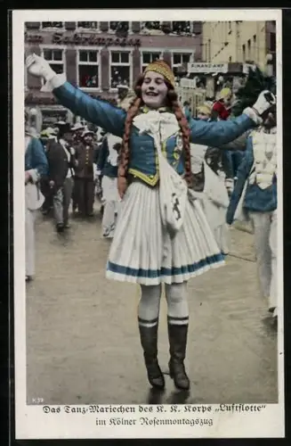 AK Köln, Kölner Rosenmontagszug, Das Tanz-Mariechen des K. K. Korps Luftflotte, Fasching