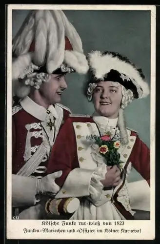 AK Köln, Kölner Karneval, Kölsche Funke rut-wiess vun 1823, Funken-Mariechen und -Offizier, Fasching